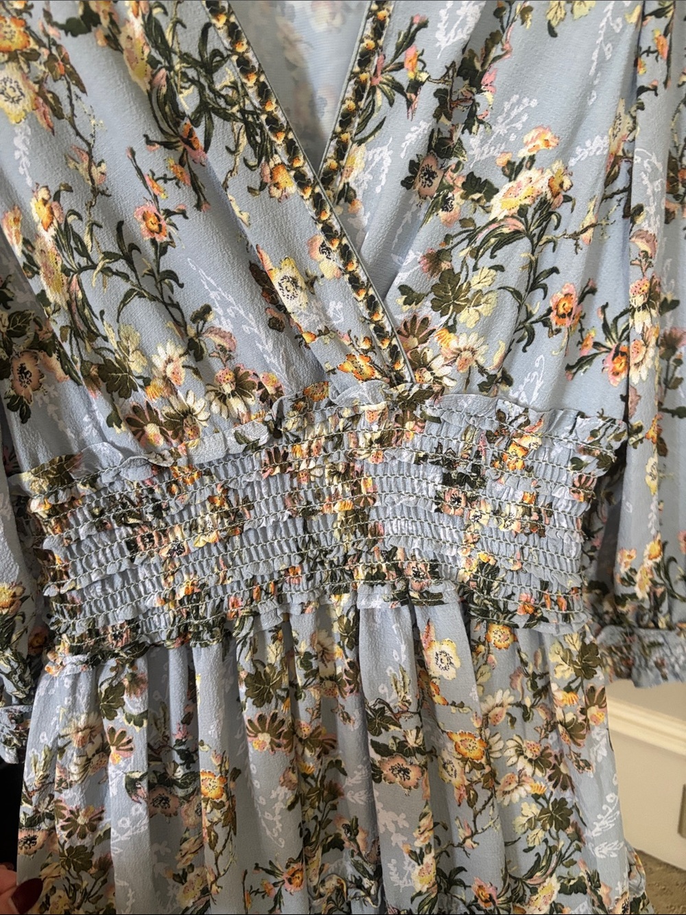 Light Blue Floral Maxi Dress with Smocked Waist - Picture 4 of 6